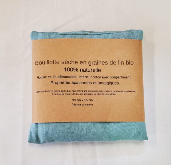 Bouillotte 100 % Lin . Housse en lin lavé et graines de lin bio. 30 cm x 15 cm